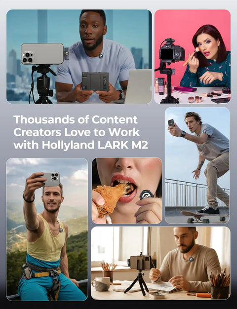 Collage of content creators using Lark M2 Wireless Lavalier Microphone with cameras, phones, and eating, showing diverse applications.