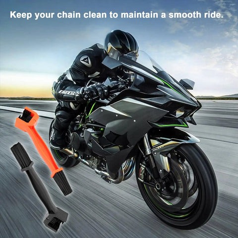 2 Pack Motorcycle Chain Cleaning Brush Set With Double-Ended Bristles for Bike Chains next to a speeding motorcycle