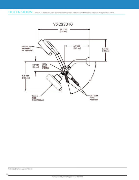 Engineering diagram of Neo Anystream 2-Way Shower Combo With 2.5 GPM High Flow, showing dimensions and polished chrome layout.