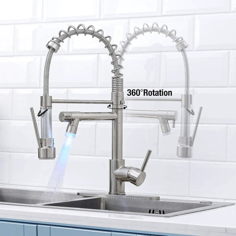 Brushed Nickel Kitchen Faucet With Pull Down Sprayer LED Light Dual Ends Single Handle Deck Plate Included Fits 1 Or 3 Holes