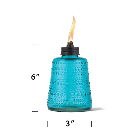 Carnival Glass Tabletop Torches 3 Pack for Patio Backyard and Garden Lighting, blue glass torch, 6-inch size with flame
