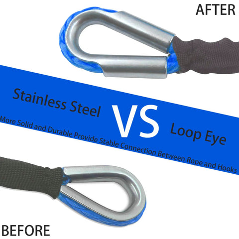 Comparison of stainless steel loop eye before and after on Beefy Heavy Duty Synthetic Winch Rope Three Eighths Inch By Ninety Two Feet.