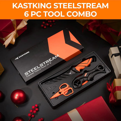 SteelStream 6pc Fishing Tool Kit With Corrosion Resistant Pliers Fillet Knife Floating Lip Gripper in gift packaging