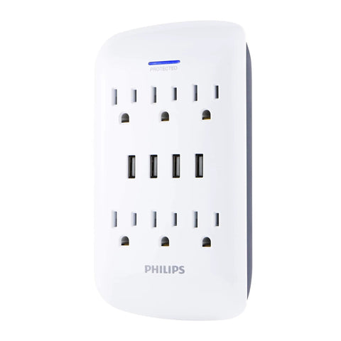 White Six Outlet Surge Protector Power Strip With Four USB Ports Dual Pack Charging Station 900 Joules Of Surge Protection