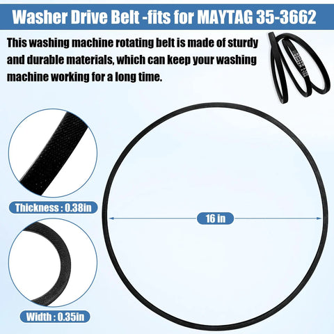 Heavy Duty Washer Drive Belt Replacement For 35-3662 And WP21352320, 16 in belt, 0.38 in thick, black rubber