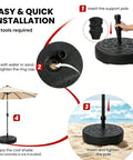 Diagram showing easy installation steps for Water Filled 55 Lb Patio Umbrella Base Stand Heavy Duty Round Outdoor Base.