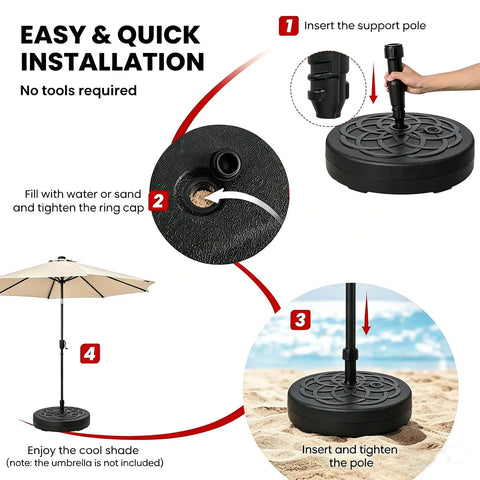 Diagram showing easy installation steps for Water Filled 55 Lb Patio Umbrella Base Stand Heavy Duty Round Outdoor Base.