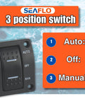 3 Way Bilge Pump Switch Panel For Boats Automatic Off Manual 12V 24V Marine Switch With Built In 15 Amp Circuit Breaker Float Switch Plug And Play Ready Durable Marine Electrical Control Panel close-up of 3-position switch