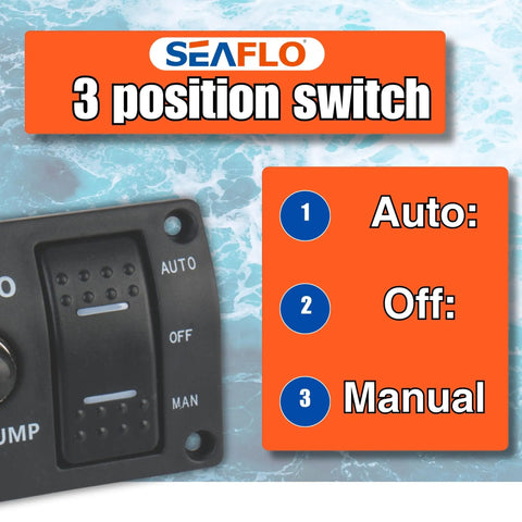 3 Way Bilge Pump Switch Panel For Boats Automatic Off Manual 12V 24V Marine Switch With Built In 15 Amp Circuit Breaker Float Switch Plug And Play Ready Durable Marine Electrical Control Panel close-up of 3-position switch