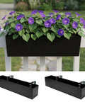 Top Shelf 16 Inch Black Metal Railing Planters Two Pack rectangular hanging flower boxes with purple flowers on porch railing.