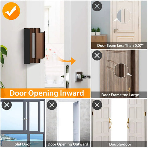 Heavy Duty Door Reinforcement Lock For Home Security With 3 Inch Stop And 800 Pound Force Kid Safe Childproof Door Latch Guard For Inward Swinging Front Doors Night Lock Upgrade To Prevent Unauthorized Entry illustrating installation on inward swinging door with correct fit guidance.