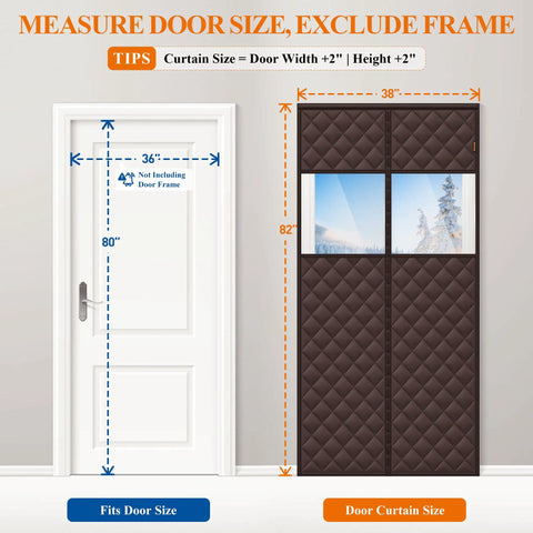 Magnetic Thermal Door Curtain With Perspective Window 36 By 80 Inches Oxford Fabric With Thick Cotton Fill Draft Busting Insulation