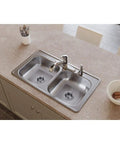 Dayton Equal Double Bowl Drop-In Stainless Steel Sink 33 By 19 By 6-7/16 Inches, ADA Compliant; top view on countertop