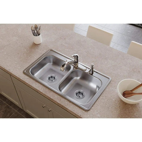Dayton Equal Double Bowl Drop-In Stainless Steel Sink 33 By 19 By 6-7/16 Inches, ADA Compliant; top view on countertop