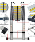 20.3 Ft Aluminum Telescoping Ladder With Stable Hooks, Heavy Duty 330 Lb Capacity, Multi Purpose Foldable Extension Ladder For Home, RV Or Outdoor Work, Lightweight Yet Sturdy, Anti Slip Feet For Safer High Reach, folded with stabilizer bar and locking mechanism