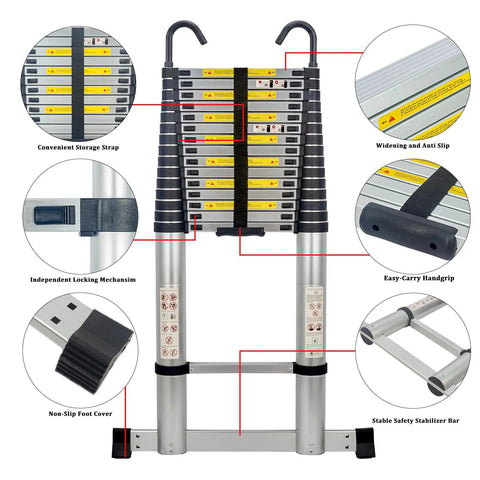 20.3 Ft Aluminum Telescoping Ladder With Stable Hooks, Heavy Duty 330 Lb Capacity, Multi Purpose Foldable Extension Ladder For Home, RV Or Outdoor Work, Lightweight Yet Sturdy, Anti Slip Feet For Safer High Reach, folded with stabilizer bar and locking mechanism