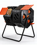 Two Chamber Outdoor Compost Bin With 170L Capacity, Dual Reversing Drum, black and orange rotating composter on stand