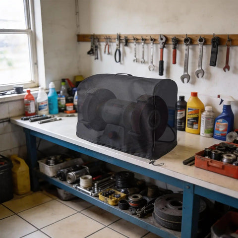 Kick Some Dust This Heavy Duty Bench Grinder Cover features tough 420D Oxford fabric, protecting a six or eight inch grinder on a workbench.