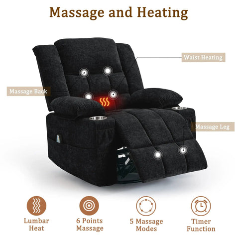 360 Degree Rotating Recliner With Massage And Heat Built In Cup Holder Manual Tilt Plush Fabric Black Lounge Chair