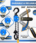 Quarter Ton Chain Hoist Come Along With Ten Feet Lift 550 Lbs Capacity G80 Chain Ratchet Hoist With Dual Hooks Mini Lever Hoist For Garages And Warehouses Heavy Duty Lifting Tool showing 360° rotation handle