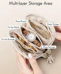 Travel Jewelry Case For On The Go Gear Cream Velvet Organizer Pouch With Zipper For Bracelets Rings And Earrings, open view with jewelry