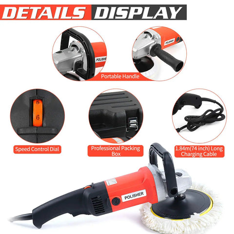 7 Inch Variable Speed Polisher Pro With 12 Amp Motor And 1200 Watt Output, 6 Speed Settings, Details Display.
