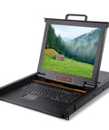 Heavy Duty Single Port Rack Mount KVM Console With A Crisp 17 Inch LCD Screen And Comfort Keys Engineered For Zero Hassle Rack Slide Setup In Any Standard Server Room showing open console with keyboard and screen.