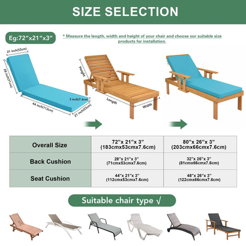 Size selection guide for Chaise Lounge Cushions Outdoor Set Of 2 With Removable Covers Waterproof And Fade Resistant Sun Lounger Cushions For Pool Deck And Lawn 72 X 21 X 3 Inches Teal Comfy 28D High Density Foam on various chair types