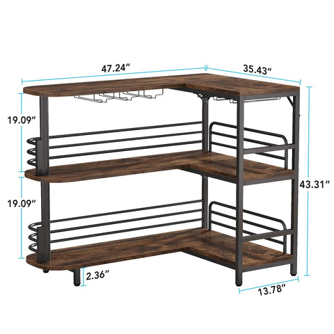 L Shaped Home Bar Unit With 3 Tier Storage Shelves And Wine Glass Holder For Kitchen Or Living Room Rustic Brown And Matte Black Industrial Corner Bar Cabinet With Pub Vibe