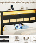 Heavy Duty Full Size Bed Frame With Smart RGB LED Lights App Control Storage Headboard Built In USB Chargers Black Oak Finish, charging headboard with USB ports and storage.
