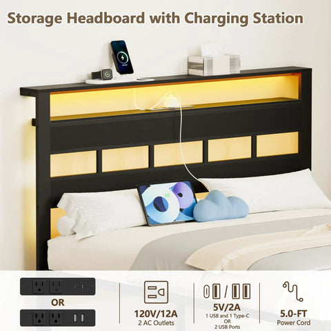Heavy Duty Full Size Bed Frame With Smart RGB LED Lights App Control Storage Headboard Built In USB Chargers Black Oak Finish, charging headboard with USB ports and storage.