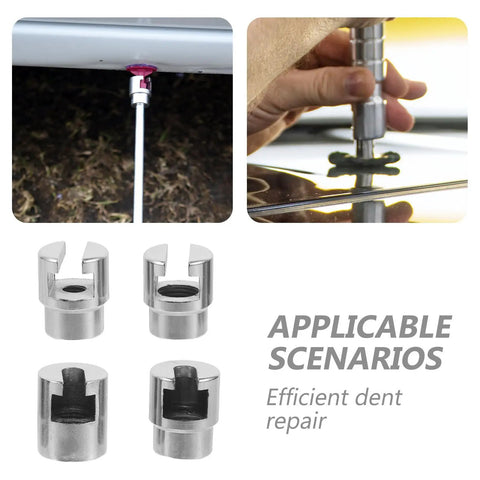 4 Piece Portable Dent Tool Kit With Replacement Heads For Auto Body And Sheet Metal Repair Silver Iron Build Compact Slide Hammer Dent Puller For Pros And DIY Car Folks, close-up replacement heads