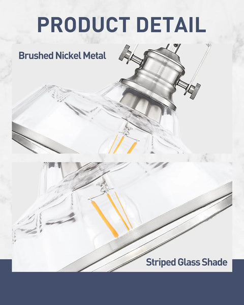 Close-up of kudos 11 Inch Brushed Nickel Clear Striped Pendant Light, KDPL13-BN-C showing brushed nickel metal and striped glass shade.