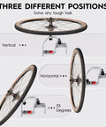Three position angles of Heavy Duty Bicycle Wheel Holder And Tire Repair Stand for vertical, horizontal, and 35-degree tilt.