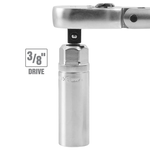 Magnetic Five Eighths Spark Plug Socket For Three Eighths Inch Drive Engine Tune Up Tool with chrome finish connected to 3/8 drive