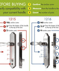 Comparison of storm door lever handles 1215 and 1216 showing installation details for Storm Door Lever Handle With Lock And Key Surface Mount.
