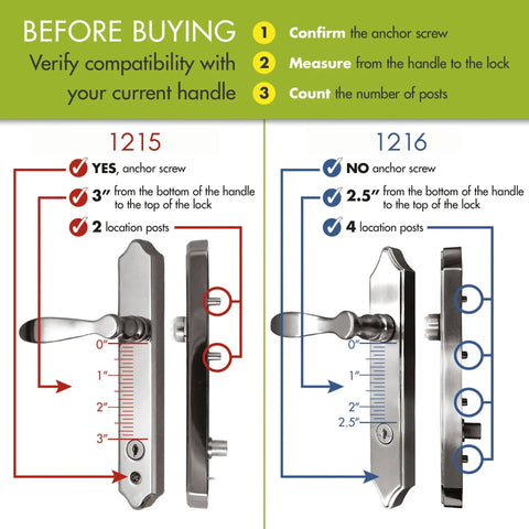 Comparison of storm door lever handles 1215 and 1216 showing installation details for Storm Door Lever Handle With Lock And Key Surface Mount.