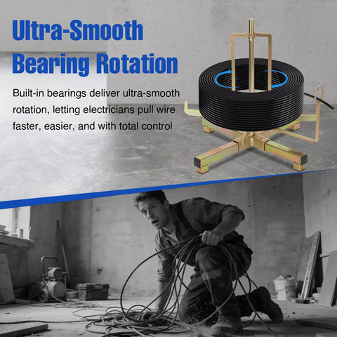 Foldable Wire Spool Rack With Pro Grade Heavy Duty Cable Dispenser Wall Or Floor Mount Ideal For Romex Wires shown in use on job site