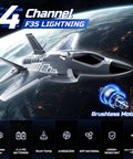 F35 4 Channel Brushless RC Plane With 7400KV Motor EDF Ducted Fan flying in space with text overlay detailing features.
