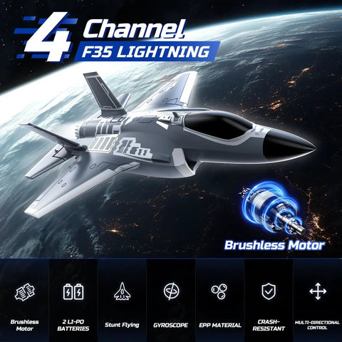 F35 4 Channel Brushless RC Plane With 7400KV Motor EDF Ducted Fan flying in space with text overlay detailing features.
