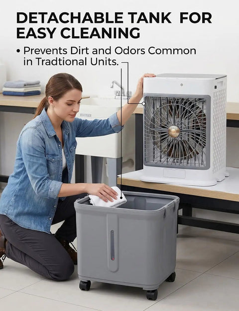 Woman cleaning detachable tank of 10 Gallon Swamp Cooler Evaporative Air Cooler Portable AC Unit for Room and Outdoor Spaces with Windowless Design, Detachable Tank, Quiet Operation, No Refills, and All Day Nonstop Cooling for Home, Patio, Garage, Restaurant indoors.