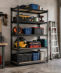 60 Inch High Heavy Duty Metal Garage Shelving Unit With 2400 Lbs Total Capacity, 480 Lbs Per Shelf, Adjustable Overlap Design For Home Garage Warehouse Shop Storage Black, loaded in garage