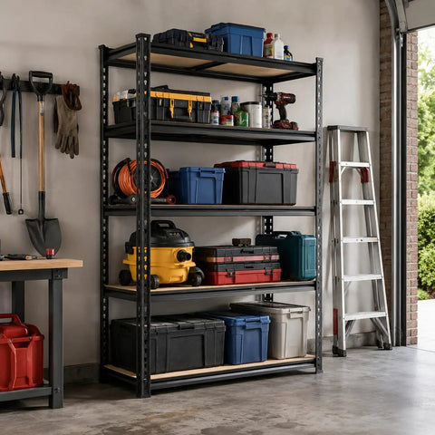60 Inch High Heavy Duty Metal Garage Shelving Unit With 2400 Lbs Total Capacity, 480 Lbs Per Shelf, Adjustable Overlap Design For Home Garage Warehouse Shop Storage Black, loaded in garage