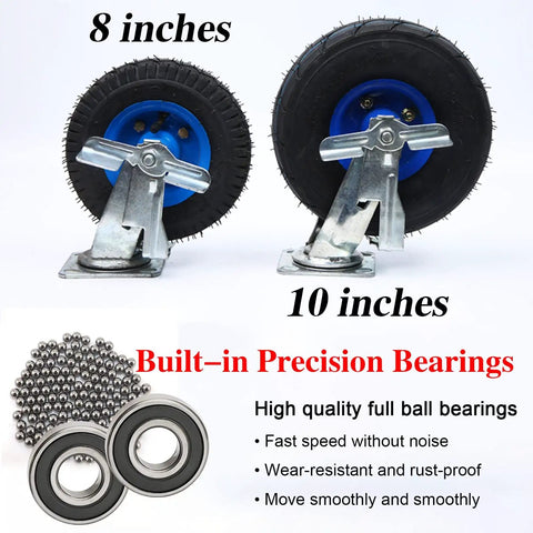 Heavy Duty Rubber Swivel Caster Wheels With Grip Lock Brakes Ultra Slick Trolley Casters Silent Shock Absorbing Anti Skid Base For Heavy Freight 8 Inch And 10 Inch Picks, showcasing 8-inch and 10-inch wheels.