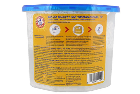 Back label of Moisture Absorber And Odor Eliminator Tub 14oz Two Pack For Closets And Laundry Rooms, instructions visible.