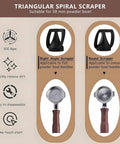 Triangular Spiral Scraper for 58mm powder bowl. Right angle and round scrapers shown for efficient dirt removal.