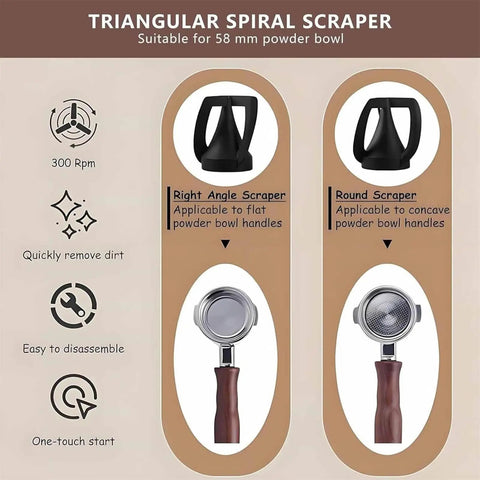 Triangular Spiral Scraper for 58mm powder bowl. Right angle and round scrapers shown for efficient dirt removal.