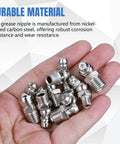 Hand holding nickel-plated carbon steel zerk fittings from 60 Piece Metric Grease Fittings Kit With M6 M8 M10 And Quarter Inch And Eighth Inch Zerk Fittings Angled And Straight 45 Degree 90 Degree 180 Degree Hydraulic Grease Gun Fittings For Automotive And Machinery Lubrication Nickel Plated Carbon Steel.