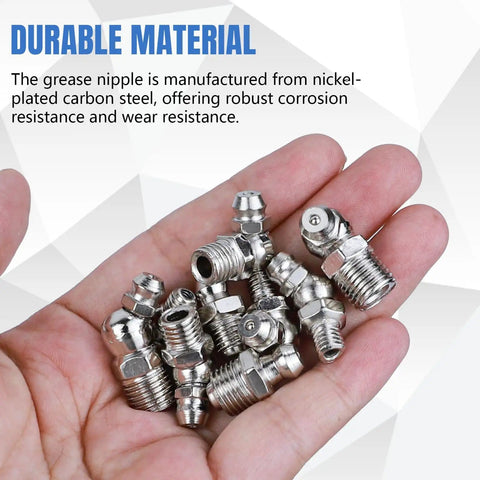 Hand holding nickel-plated carbon steel zerk fittings from 60 Piece Metric Grease Fittings Kit With M6 M8 M10 And Quarter Inch And Eighth Inch Zerk Fittings Angled And Straight 45 Degree 90 Degree 180 Degree Hydraulic Grease Gun Fittings For Automotive And Machinery Lubrication Nickel Plated Carbon Steel.