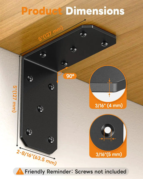 Hardcore Heavy Duty L Brackets Ninety Degree Corner Brace System Five By Five By Two Point Five Inches Black Powder Coated Steel with dimension details.